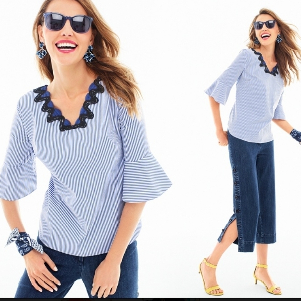 Talbots Blue & White Striped Rickrack Trim‎ Top